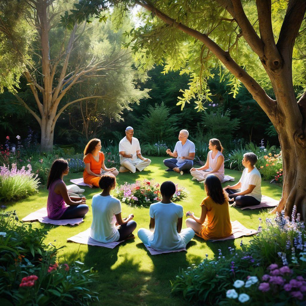 A serene and uplifting scene depicting a diverse group of individuals gathered in a tranquil garden, sharing stories and support in a circle. Symbols of holistic wellness like essential oils, meditative spaces, and healthy food surround them, while soft sunlight filters through the trees. Vivid flowers bloom, representing hope and healing, and the atmosphere is filled with warmth and compassion. super-realistic. vibrant colors. natural setting.