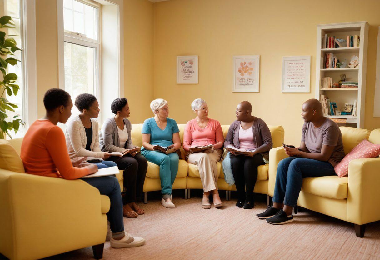 A comforting scene showcasing diverse cancer patients sitting in a bright, well-lit support group environment, sharing their stories. Include a visual representation of essential resources like books, pamphlets, and a computer with an educational website displayed. Add warm lighting and soothing colors to symbolize hope and healing, with soft, welcoming furniture. super-realistic. vibrant colors. warm tones.