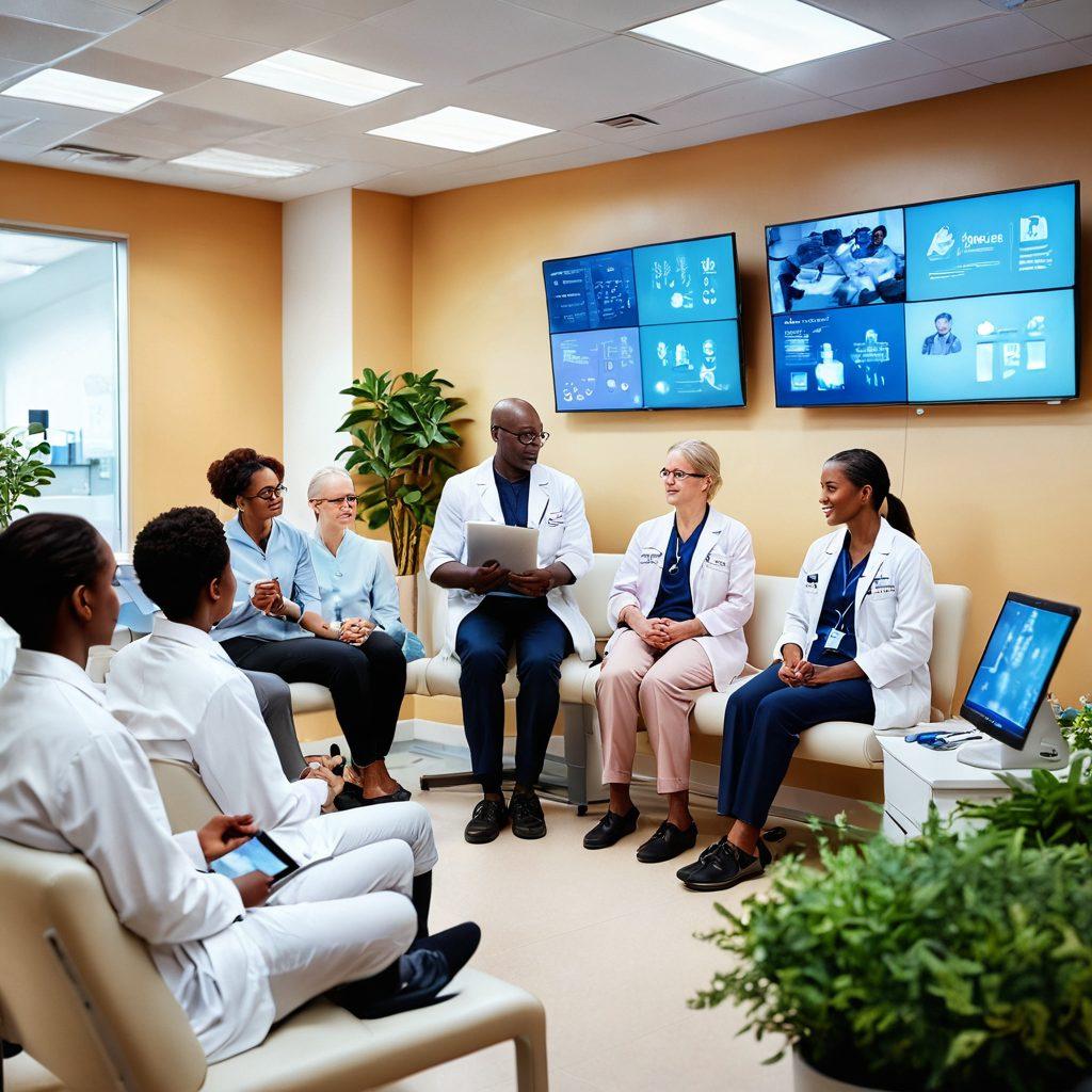 A serene and uplifting scene showing a diverse group of people interacting with advanced technology in an oncology clinic. Highlight a supportive atmosphere with medical professionals offering guidance, while displaying innovative cancer treatments and resources. Incorporate elements like informative brochures, digital screens, and blooming plants symbolizing hope and resilience. The atmosphere should feel warm and empowering. vibrant colors. super-realistic.